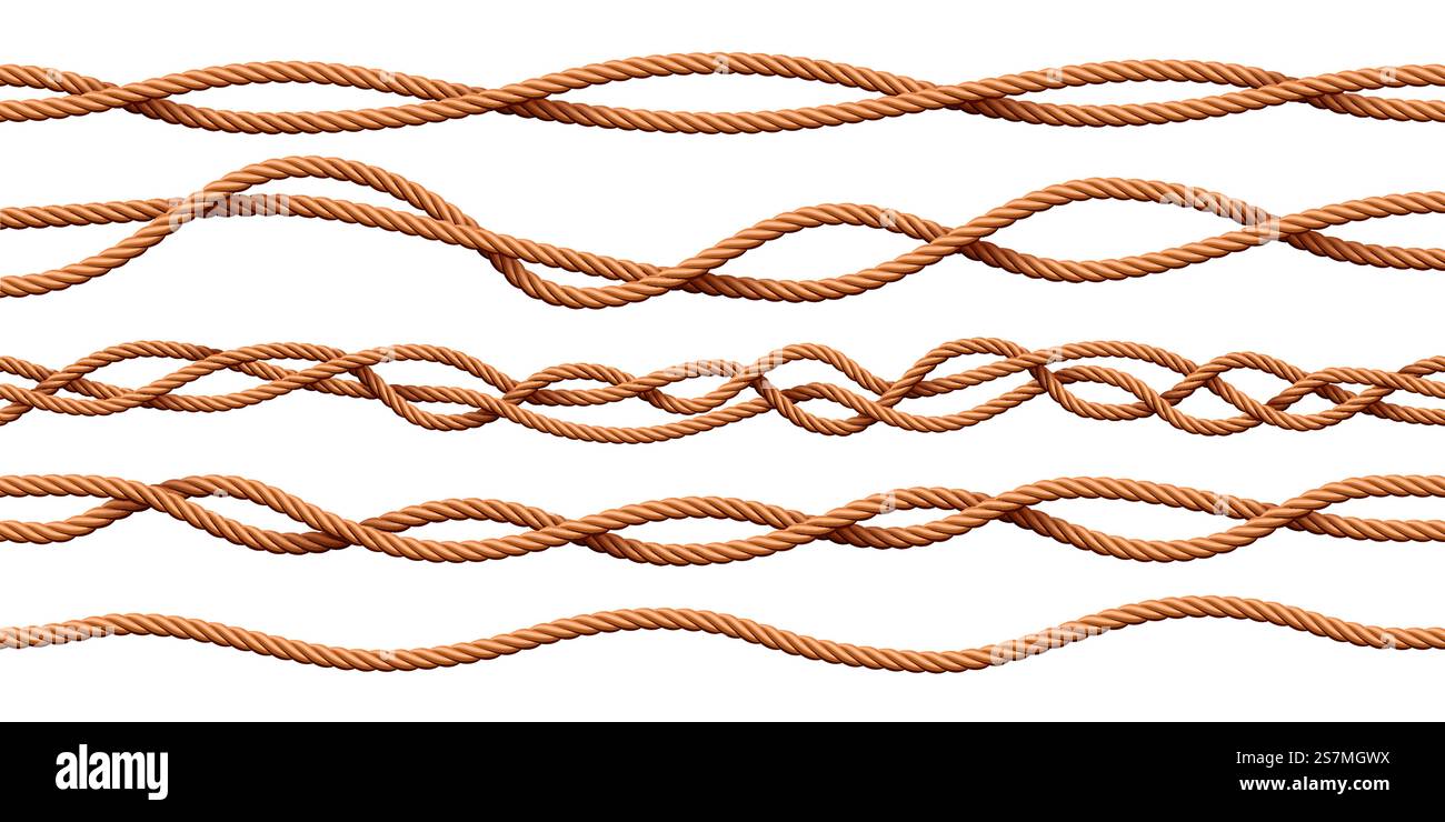 Kabelseile. Realistische Cartoon-Seemannsbürsten mit verdrehten Kordeln. Gekrümmte nautische Jute-Garnteiler. Dekoratives Thread Vektor Hintergrundmuster. Illustration Rahmenknoten horizontal. Kabelseile. Realistische Cartoon-Seemannsbürsten mit verdrehten Kordeln. Gekrümmte nautische Jute-Garnteiler. Dekoratives Thread Vektor Hintergrundmuster Stock Vektor