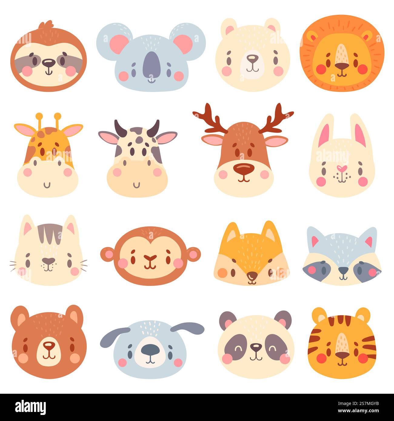 Niedliche Tiergesichter. Farbe Tierporträts, Niedlichkeit Tiger, lustige Hasenkopf und lustige Fuchs Gesicht Vektor Illustration Set. Bär Giraffe Panda, Koala und Kaninchen, Tigermaskottchen. Niedliche Tiergesichter. Farbe Tierporträts, Niedlichkeit Tiger, lustige Hasenkopf und lustige Fuchs Gesicht Vektor Illustration Set Stock Vektor