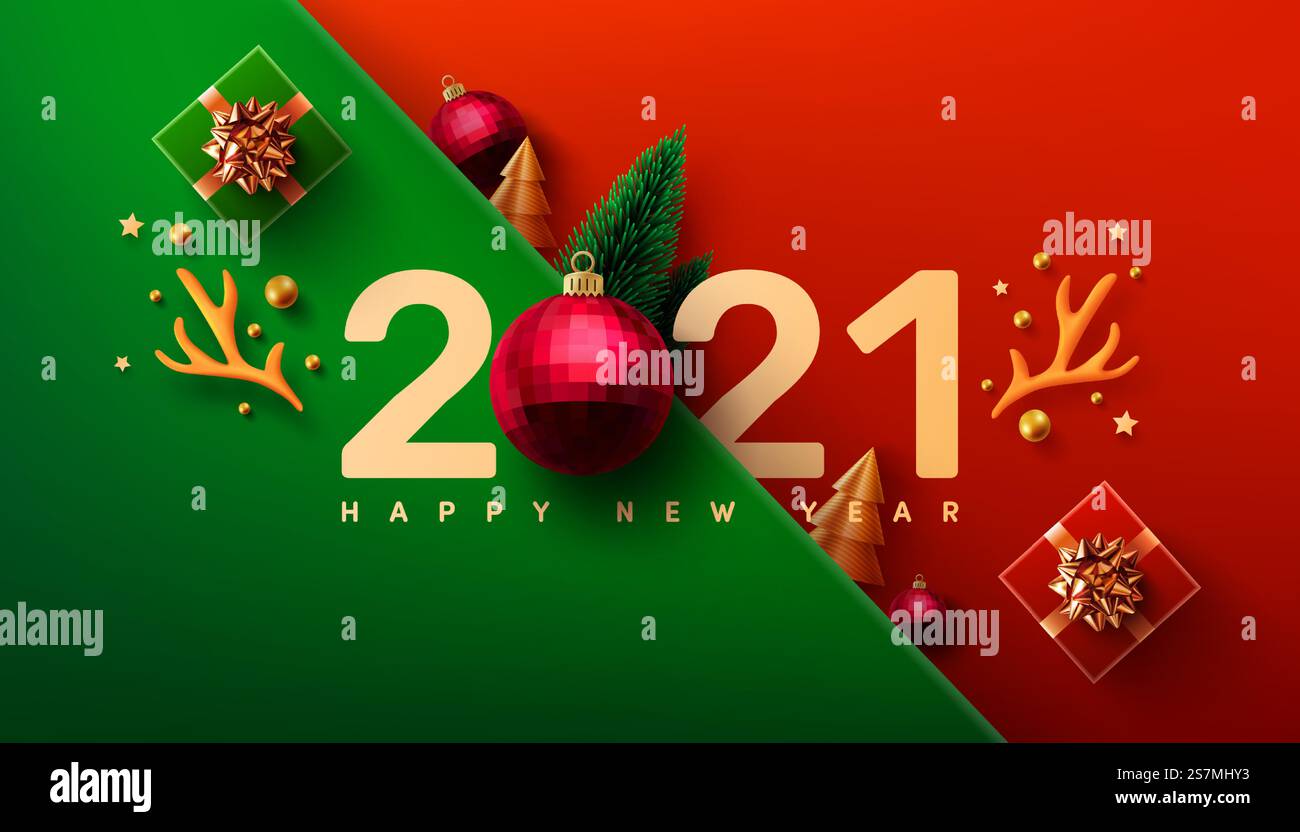 Poster oder Banner zur Neujahrsaktion 2021 mit Geschenkbox und weihnachtselement für Einzelhandel, Shopping oder Weihnachtsaktion. Neujahr 2021 Symbol mit roten Kugelornamenten. Vektorillustration eps 10 Stock Vektor