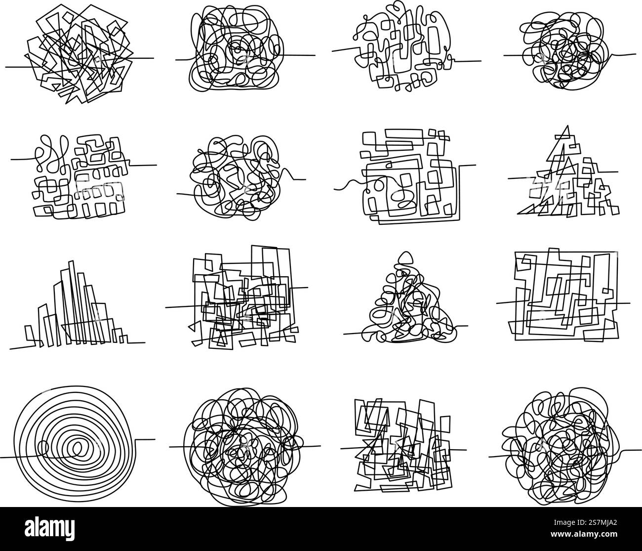 Chaos-Linien-Kritzeleien und zufällige verworrene Labyrinth-Formen. Pen-Doodle-Konzept von unordentlichen Gedanken, kompliziertem Problem und verwirrtem Geist-Vektor-Set. Verwirrungs- oder Störungselemente isoliert auf weiß Stock Vektor