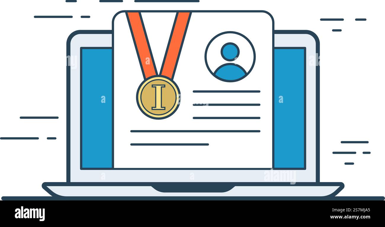 Lineart Flat E-Learning Website Hero Bild Vektor Illustration. Wissenskonzept für Online-Bildung. Laptop, Profil des Schulabschlusszeugnisses, erste Medaille auf dem Bildschirm. Stock Vektor