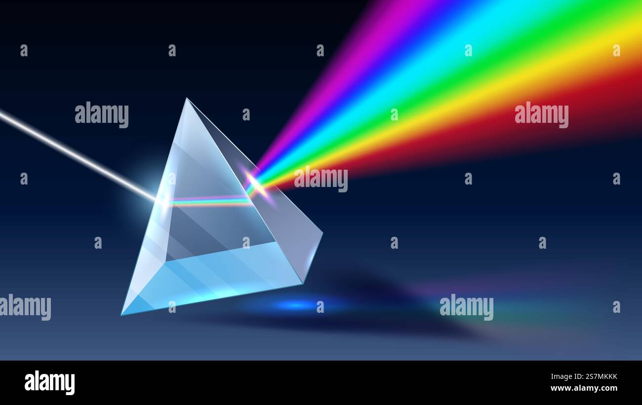 Realistisches Prisma. Lichtstreuung, Regenbogenspektrum und optischer Effekt. Physikalische optische Strahlenbrechungen, Pyramidenprisma, das realistische 3D-Vektorillustration reflektiert. Realistisches Prisma. Lichtstreuung, Regenbogenspektrum und optischer Effekt realistische 3D-Vektorillustration Stock Vektor
