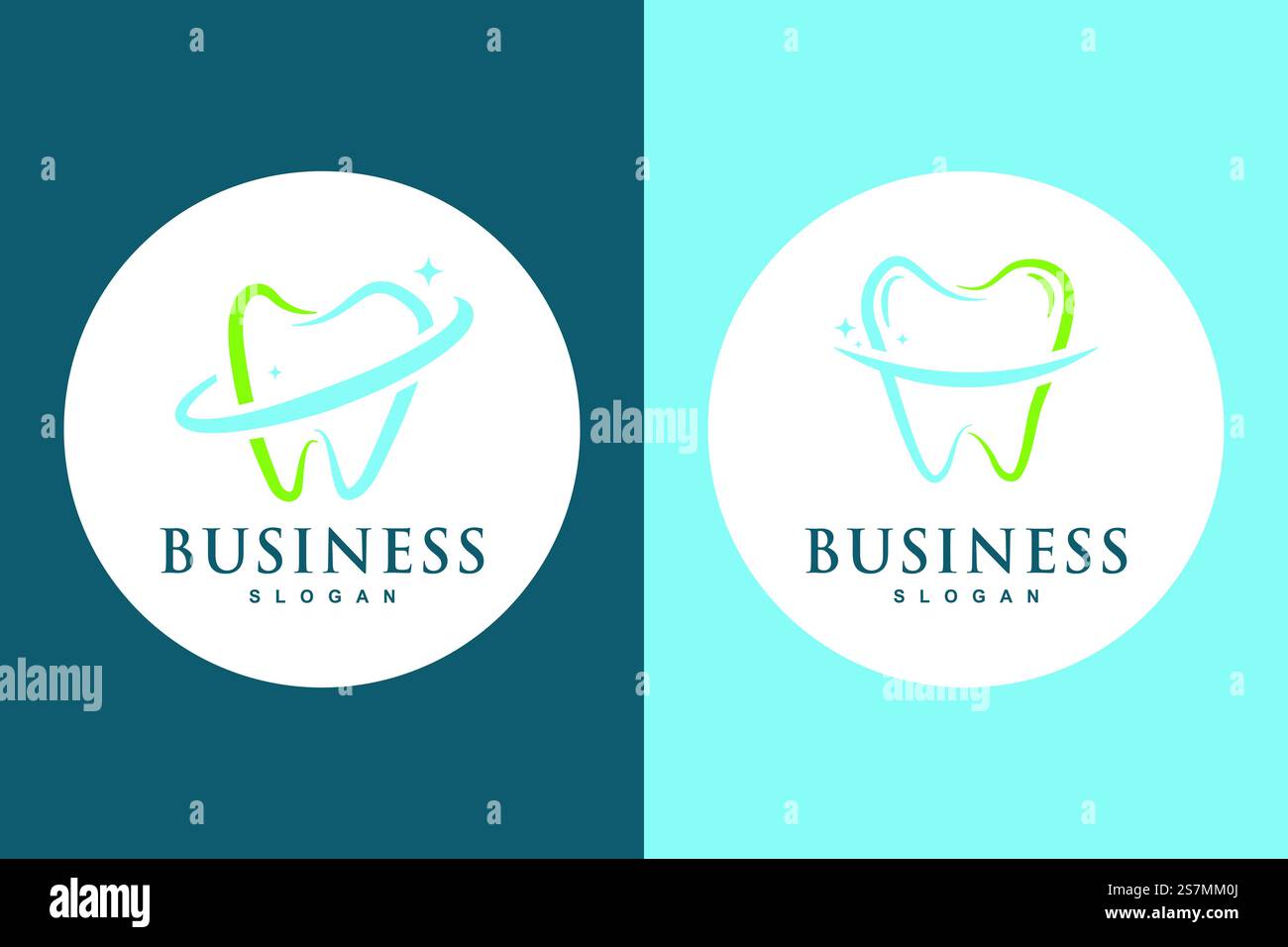 Modernes abstraktes Logo-Design für eine Zahnarztpraxis mit stilisierten Zähnen im kreisförmigen Orbit. Stock Vektor