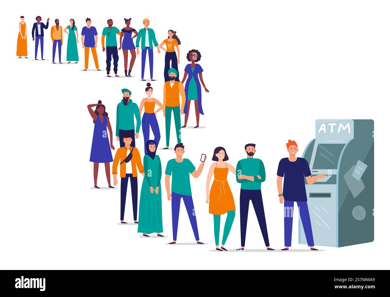 Position an Geldautomat. Die Leute stehen in der Warteschlange und warten in der Schlange, um Geld mit dem Geldautomaten von der Bankkarte abzuheben. Bankzahlung Warteschlange, Zeichen warten auf Terminal Transaktion flache Vektor Illustration. Position an Geldautomat. Die Leute stehen in der Warteschlange, die Menge wartet in der Schlange, um Geld von der Bankkarte mit der flachen Vektor-Illustration des Geldautomaten abzuheben Stock Vektor