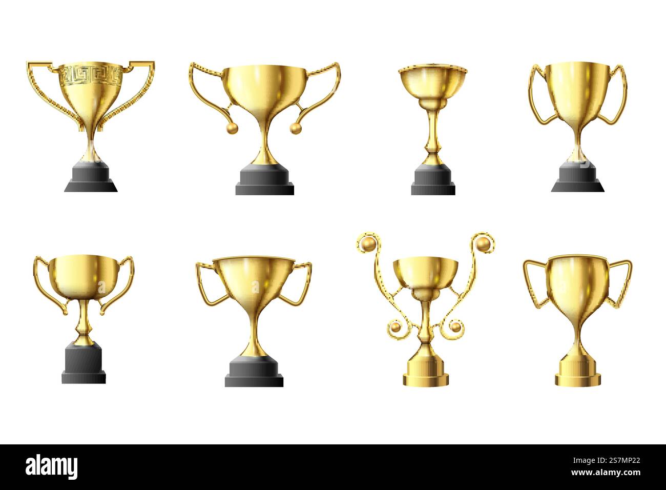 Goldener Trophäenbecher. Gewinner Trophäe, erste Platzierung glänzend Gold Becher und gewinnen Sport Preis Vektor Illustration Set. Cup Gold für Auszeichnung und Trophäenmeisterschaft, Leistungswettbewerb. Goldener Trophäenbecher. Gewinner Trophäe, erste Platzierung glänzend Gold Becher und gewinnen Sport Preis Vektor Illustration Set Stock Vektor