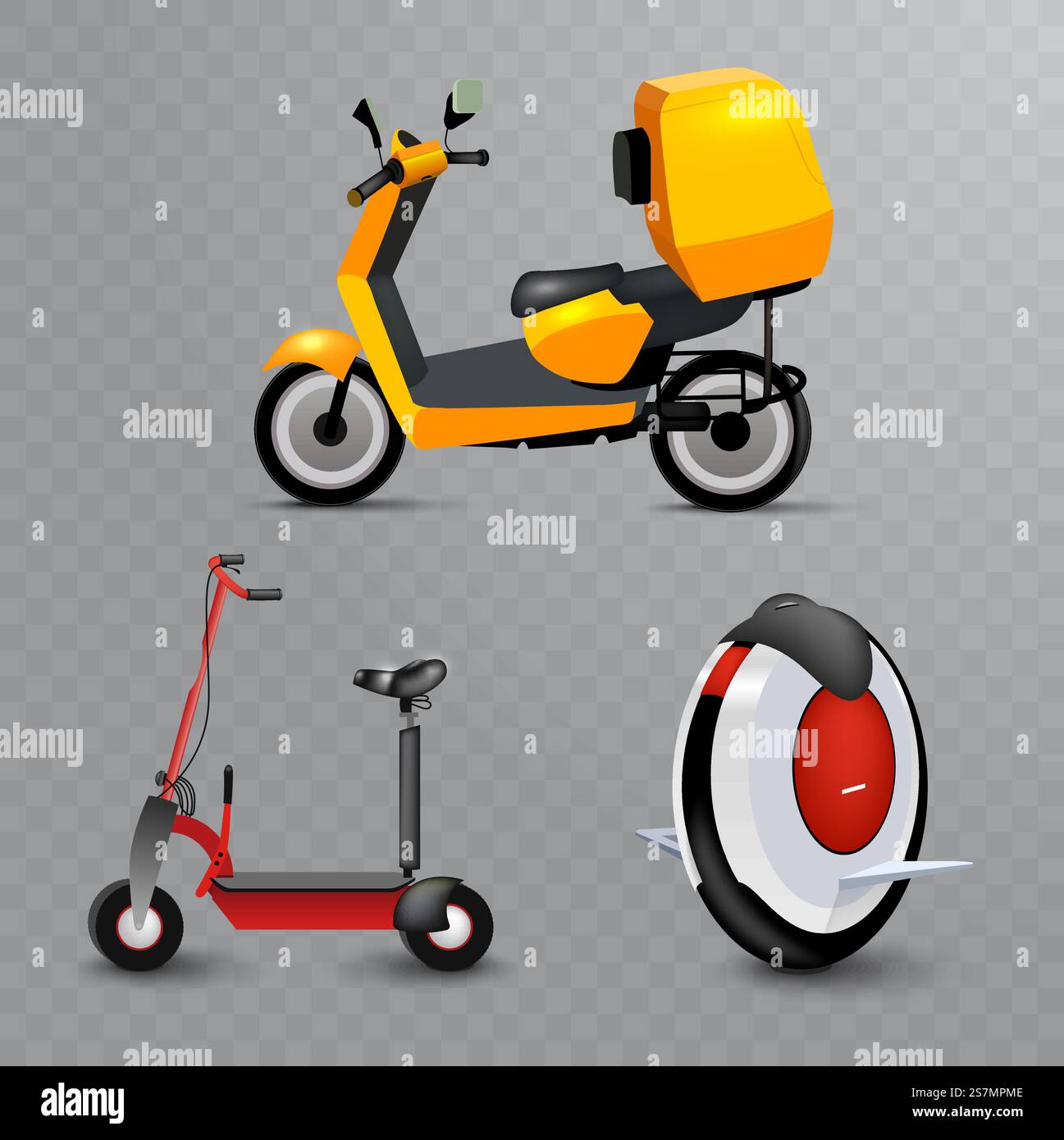 Realistischer Nahverkehr für Jugendliche auf transparentem Hintergrund. Kick Scooter, Mono Wheel und Fahrrad. Moderne alternative Stadtverkehrsmittel. Ökologischer Teenager-Transport, isolierte Ikone. Vektor. Realistischer Nahverkehr für Jugendliche auf transparentem Hintergrund. Kick Scooter, Mono Wheel und Fahrrad. Moderne alternative Stadtverkehrsmittel. Ökologischer Teenager-Transport, isolierte Ikone. Stock Vektor