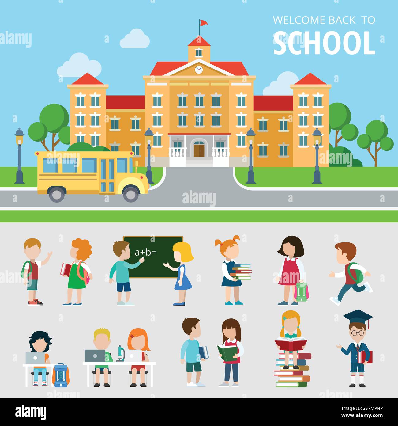 Flacher Bus, Schule, Schüler, Schüler, Geek, Vektorillustration für Nerd- und Wonk-Situationen. Bildung und Wissen, Back-to-School-Konzept. Sammlung der Personensymbole. Stock Vektor