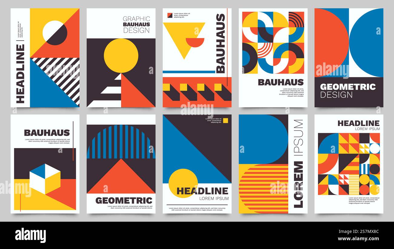 Bauhaus-Poster. Moderne abstrakte Broschüre mit geometrischen Formen, Dreiecken, Kreisen und Quadraten. Minimaler Vektor im auffälligen Architekturstil mit Vorlagen für einfache Figuren. Cover für Albumcover. Bauhausformen. Quadratische Fliesen mit modernen geometrischen Mustern mit abstrakten Figuren und Formen. Zeitgenössisches grafisches bauhaus Design Vektorset. Kunst mit Kreis-, Dreieck- und Quadrat-Linien Stock Vektor