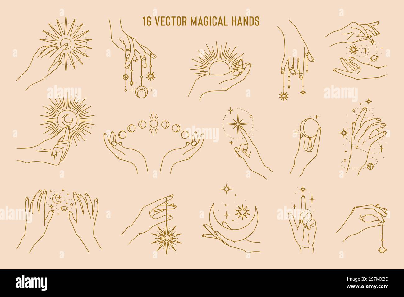 16 Vektor Magical Hands Set der Logo-Vorlage. Lineares Design, minimales Design. Planeten, Mondphasen, Sonne und Sterne. Esoterische und mystische Designelemente. Stock Vektor