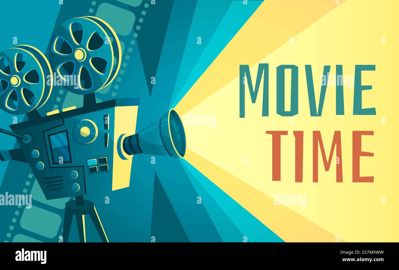 Poster zur Filmzeit. Vintage-Kinoprojektor, Heimkino und Retro-Kamera. Kinematographie Unterhaltung Ausrüstung, Filme Produktion Festival Fahne Vektor Illustration. Poster zur Filmzeit. Vintage Kino Filmprojektor, Heimkino und Retro Kamera Vektor Illustration Stock Vektor