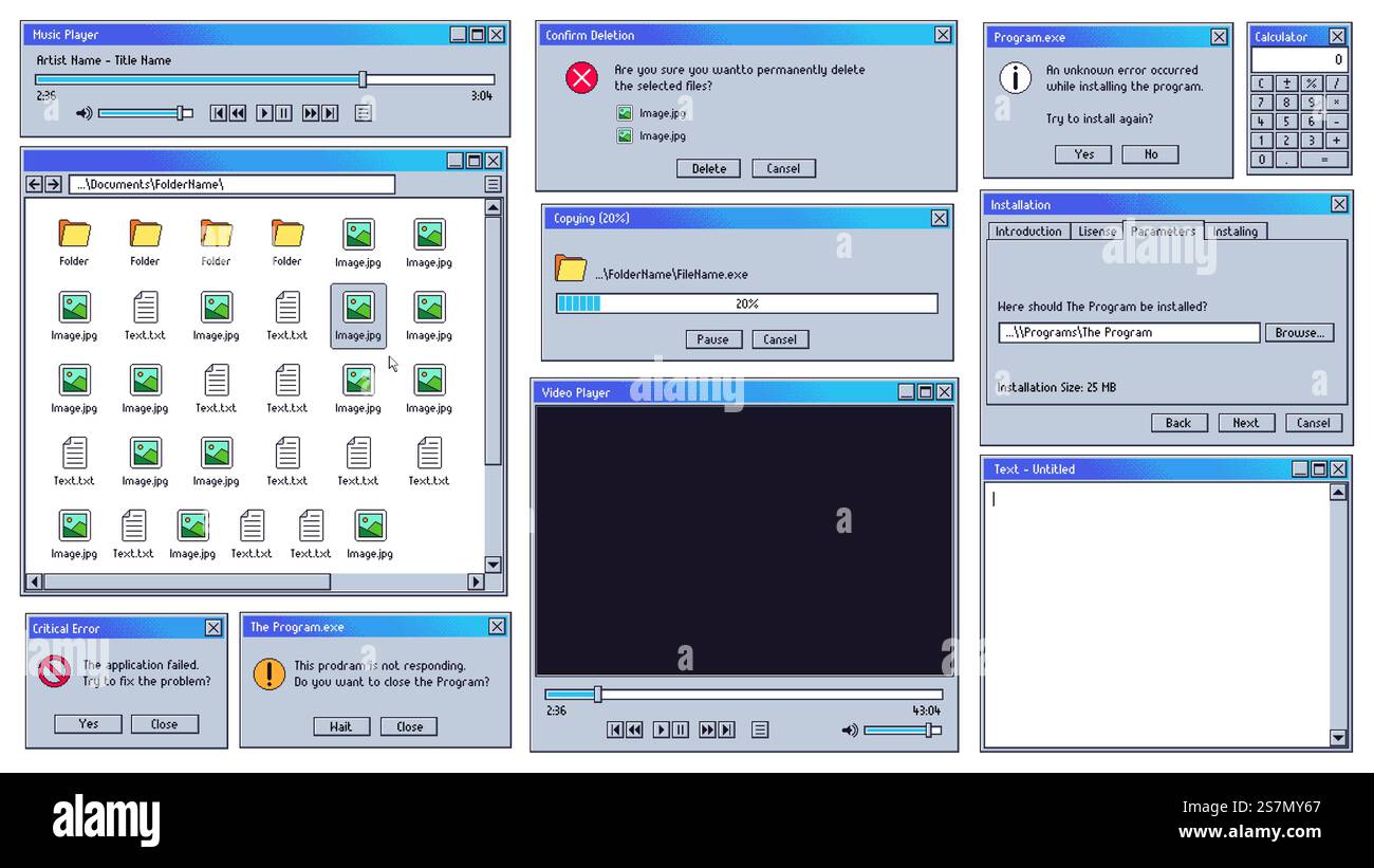 Alte Benutzeroberfläche. Alte Computer-Musik- und Video-Player-Benutzeroberfläche, Texteditor und Vektorgrafik-Set für Benachrichtigungsfenster für kritische Systemfehler. Sammlung von BS-Nachrichten, Benachrichtigungen, Widgets... Alte Benutzeroberfläche. Alte Computer-Musik- und Video-Player-Benutzeroberfläche, Texteditor und Vektorgrafik-Set für Benachrichtigungsfenster für kritische Systemfehler Stock Vektor
