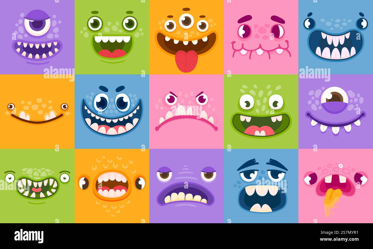 Monster Gesichter. Lustige Comic-Monster, Köpfe, Augen und Münder. Gruselige Charaktere für Kinder. Halloween Monster oder Aliens Emotions Vektor Set. Der süße Kopf des Teufels, die gruselige Illustration des halloween-Biests. Monster Gesichter. Lustige Comic-Monster, Köpfe, Augen und Münder. Gruselige Charaktere für Kinder. Halloween Monster oder Aliens Emotions Vektor Set Stock Vektor