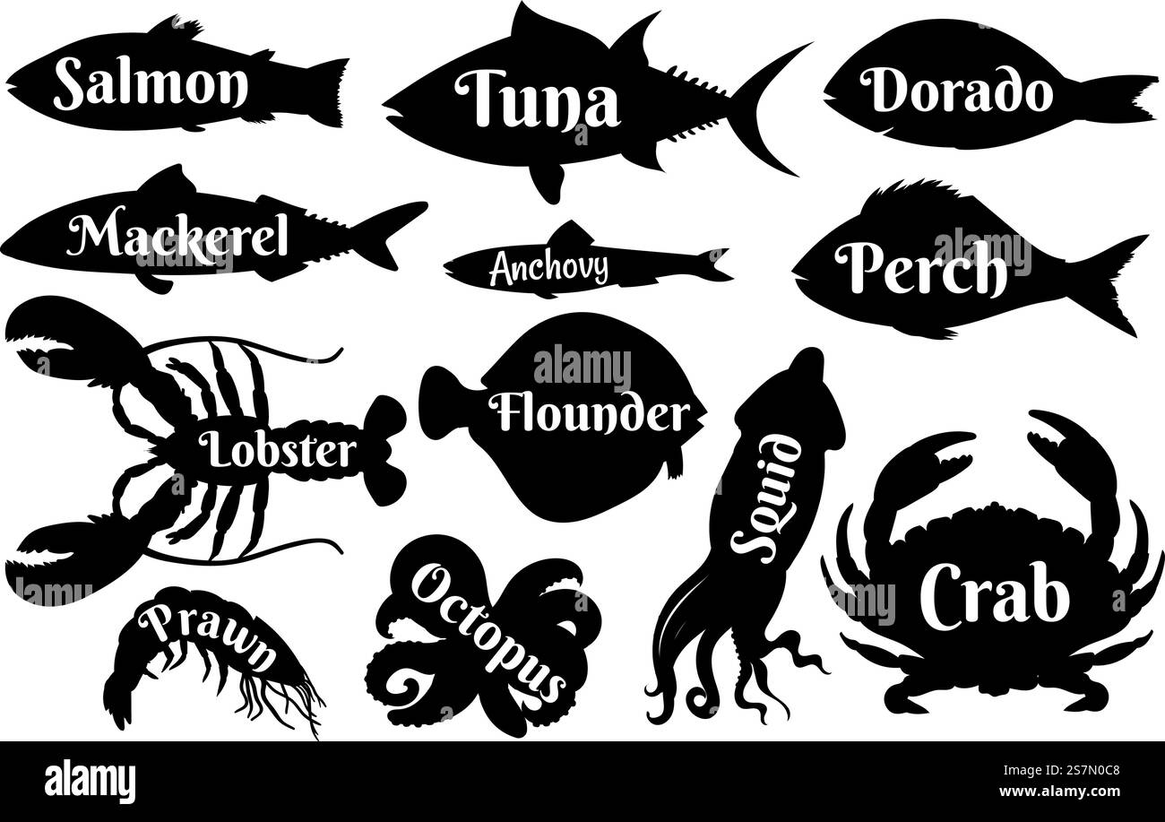 Silhouetten mit Fisch und Meeresfrüchten für Vintage-Logos oder Label-Symbole. Meereslachs, Thunfisch, dorado und Hummer, Garnelen und Tintenfisch. Meeresfrüchte-Vektorsatz. Meeresbewohner oder Meeresbewohner für ein Restaurant Stock Vektor