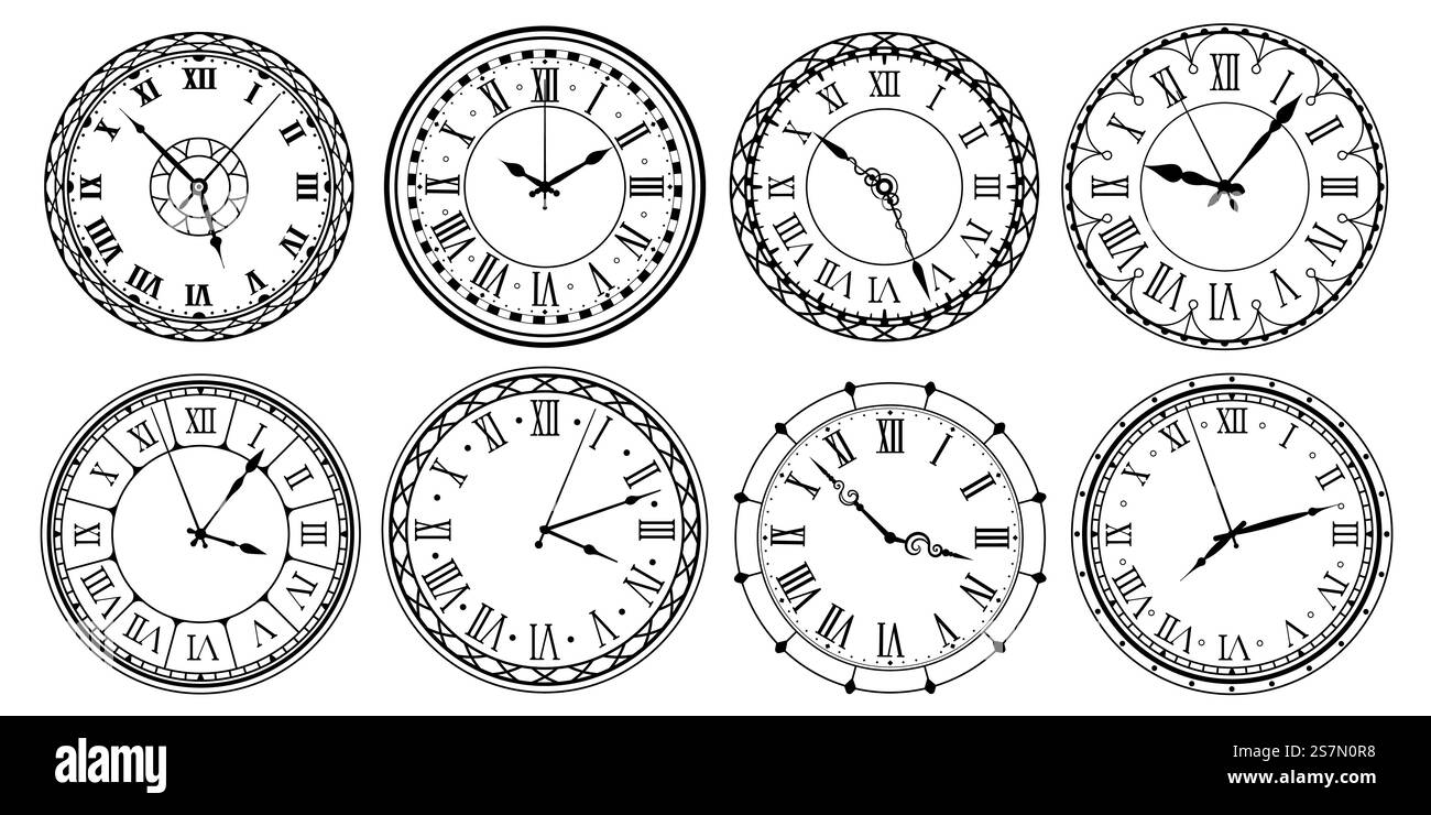 Vintage-Zifferblatt. Retro-Uhren mit römischen Ziffern, kunstvoller Uhr und antikem Uhren-Design. Antike elegante Uhr. Symbolsatz für isolierte Vektorabbildungen. Vintage-Zifferblatt. Retro Uhren Uhrendesign mit römischen Ziffern, kunstvolle Uhr und antische Uhren Design Vektor Illustration Set Stock Vektor