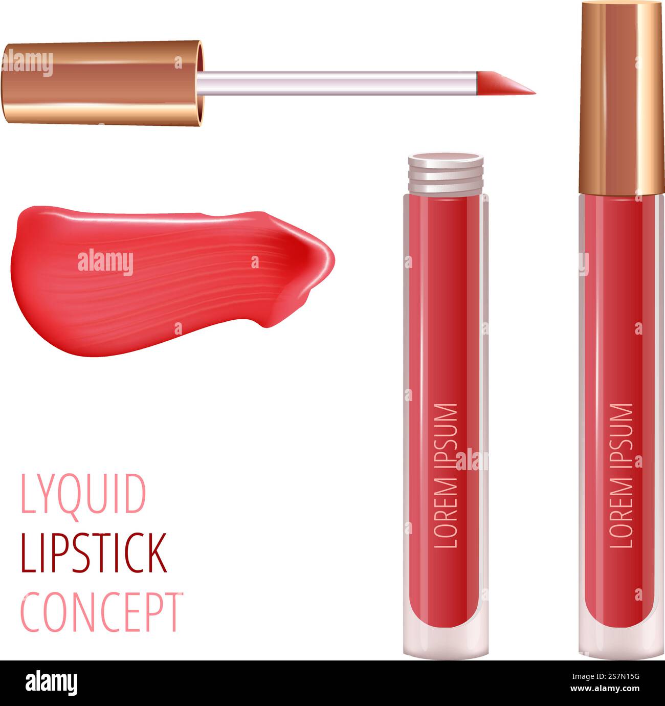 Make-up-Set für Lippen mit realistischem Cremeausstrich, realistischem flüssigem Lippenstift. Vektor. Make-up-Set für Lippen mit realistischem Cremeausstrich, realistischem flüssigem Lippenstift. Stock Vektor