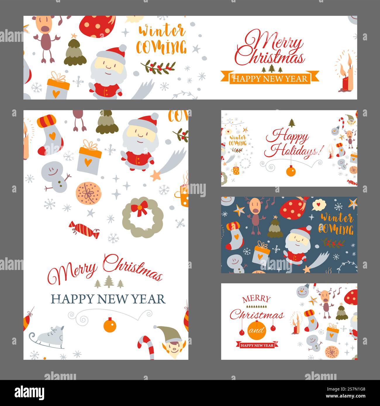 Set aus Webbannern mit weihnachtlichen Designelementen im Doodle-Stil. Weihnachtskarten. Vektorabbildung. Set aus Webbannern mit weihnachtlichen Designelementen im Doodle-Stil. Weihnachtskarten. Vektor Stock Vektor