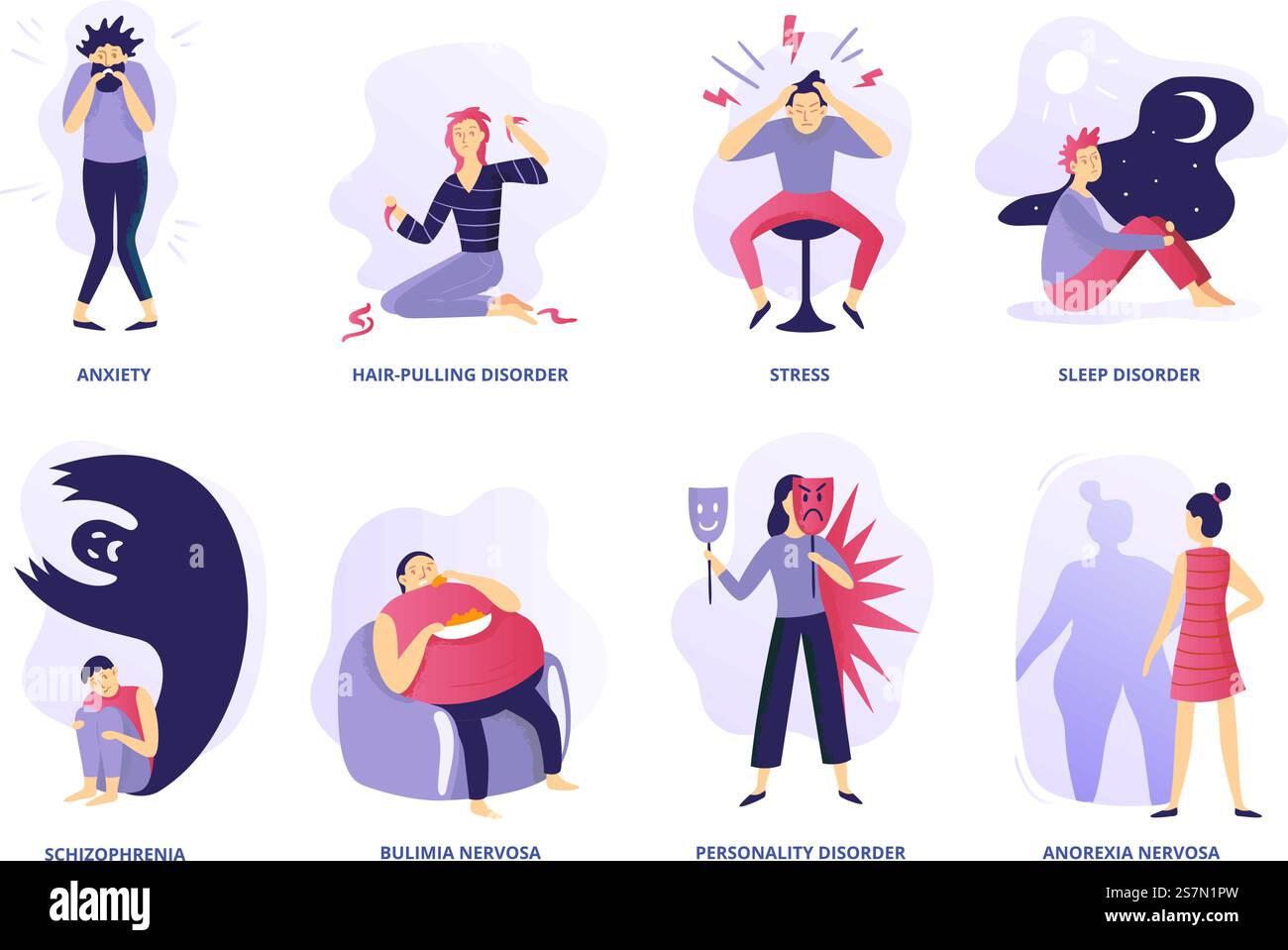 Psychische Störungen. Psychische Erkrankungen, Psychotherapie und psychiatrische Probleme. Mentalitätsstörung, psychische Störungen Krankheiten oder übergewichtige Angst gestresst. Vektorabbildung isolierte Symbole gesetzt. Psychische Störungen. Psychische Erkrankungen, Psychotherapie und psychiatrische Probleme. Vektor-Illustration-Set für Mentalitätsstörungen Stock Vektor