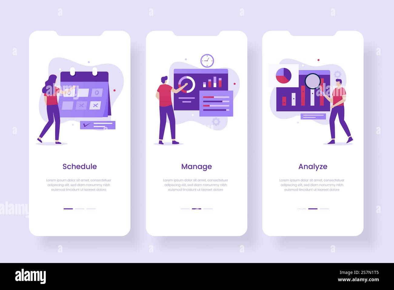 Bildschirme für mobile Apps für die Unternehmensverwaltung. Illustrationen für Websites, Landing-Pages, mobile Anwendungen, Poster und Banner Stock Vektor