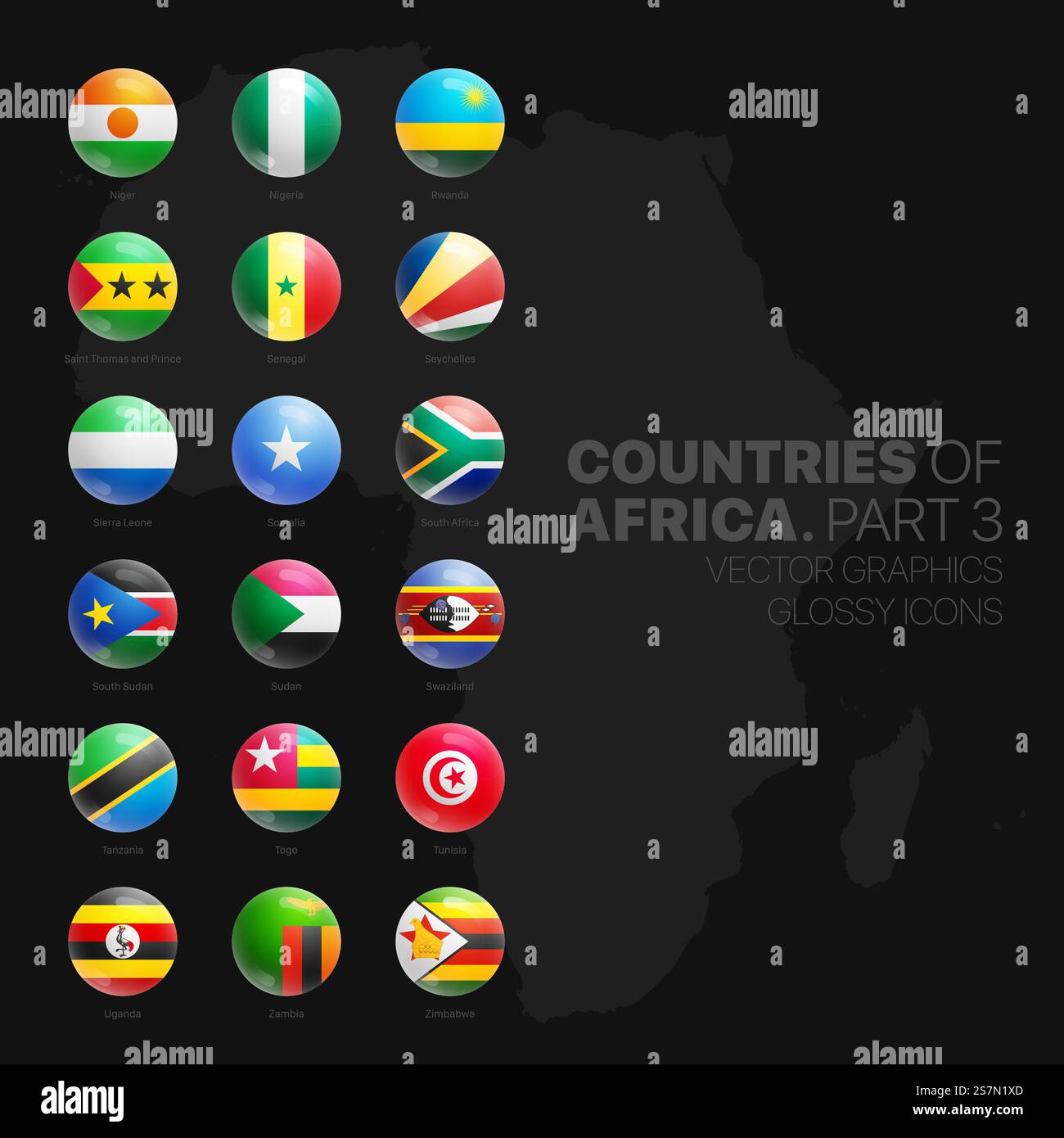 Afrikanische Länder Flaggen Glänzende Runde Symbole Isoliert Auf Schwarzem Hintergrund Teil 3 Stock Vektor