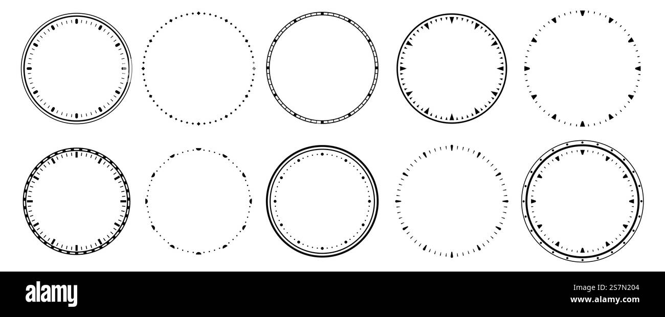 Uhrzeitflächen. Lünette für Vintage-Uhren, Sekundentimer und 12-Stunden-Uhr-Rundskala. Uhren Rahmen Silhouette, Deadline Stunde Stoppuhr. Satz isolierter Vektorsymbole. Uhrzeitflächen. Vintage Uhren Lünette, Sekunden Timer und 12 Stunden Uhr runden Skala Vektor Set Stock Vektor