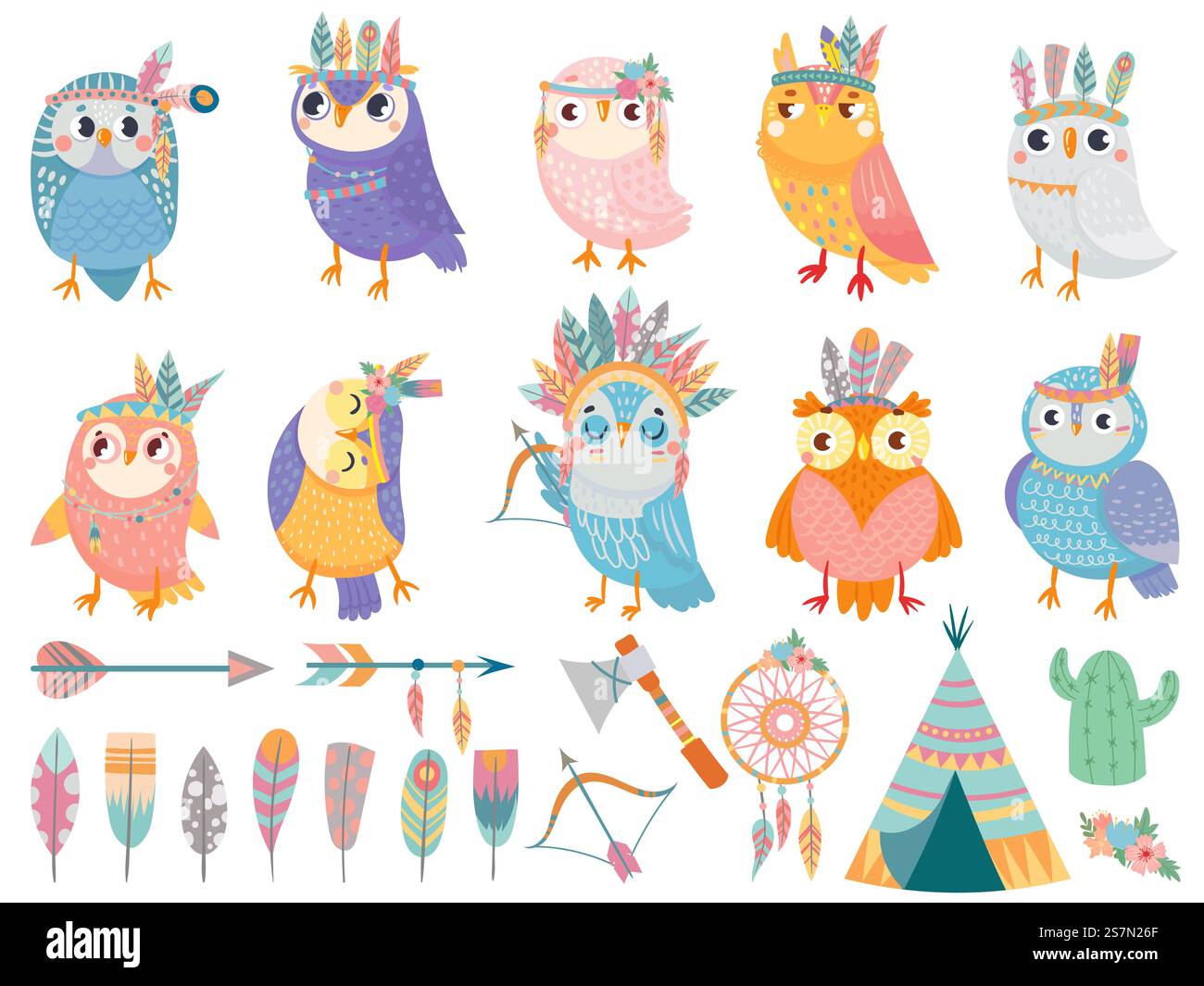 Wilde Stammeseule. Cartoon-Eulen mit Stammesfedern, Waldvögeln und Pfeilen. Blumenkranz, Feder und Traumfänger. Wildtiere ethnische Eulenfiguren isolierte Vektorsymbole Set. Wilde Stammeseule. Cartoon-Eulen mit Stammesfedern, Waldvögeln und Pfeilen. Blumenkranz, Feder und Traumfänger-Vektor-Set Stock Vektor