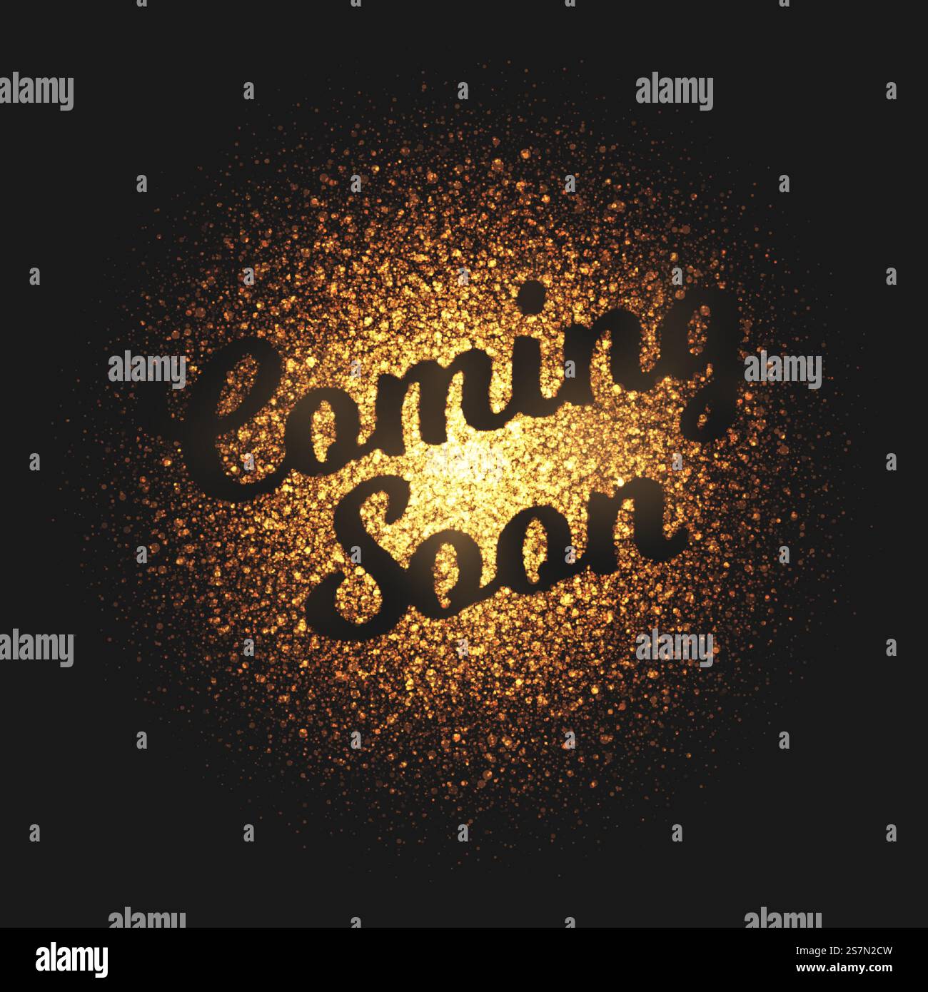 Bald kommt hell goldener Schimmer glühende runde Partikel Vektor Hintergrund. Streulicht Lametta-Licht-Explosionseffekt. Brennende Funken Tapete. Schrift- und Kalligrafie-Kunstwerk-Illustration. Bald Verfügbar Golden Glowing Particles Vektor Hintergrund Stock Vektor