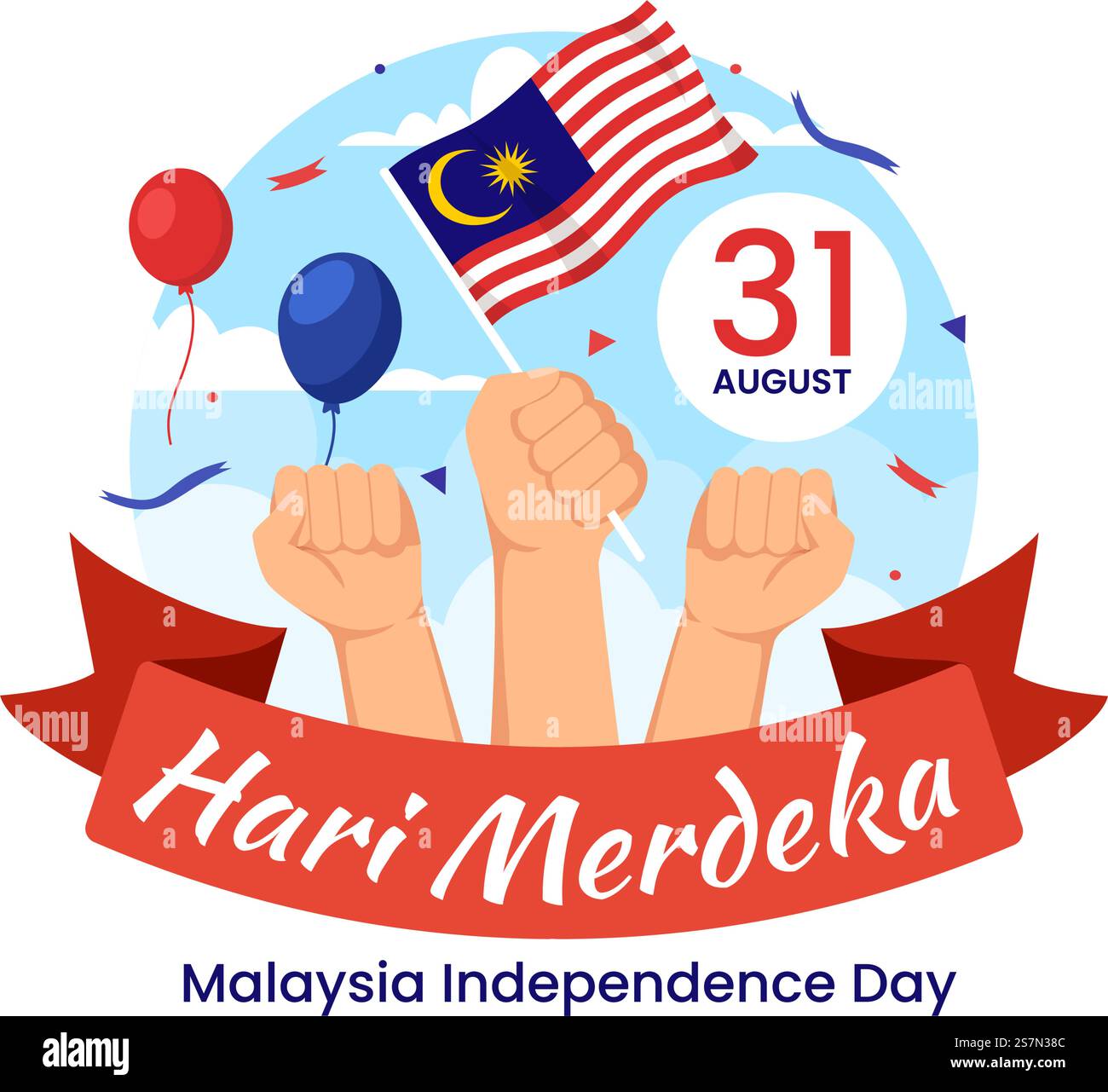 Malaysia Independence Day Vector Illustration am 31. August mit Waving Flag in National Holiday Flat Cartoon Hand Drawn Background Templates Stock Vektor