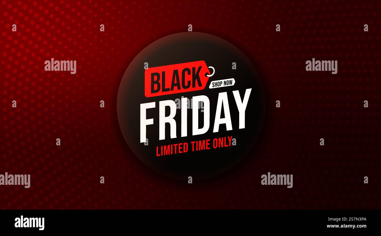 Black Friday Sale Button Comic-Banner-Design-Vorlage. Werbeplakat für Werbekampagne am Weihnachtswochenende. Hintergrund des Farbverlaufs im Halbton. Vektorabbildung. Black Friday Sale Button mit Comic-Design-Vorlage Stock Vektor