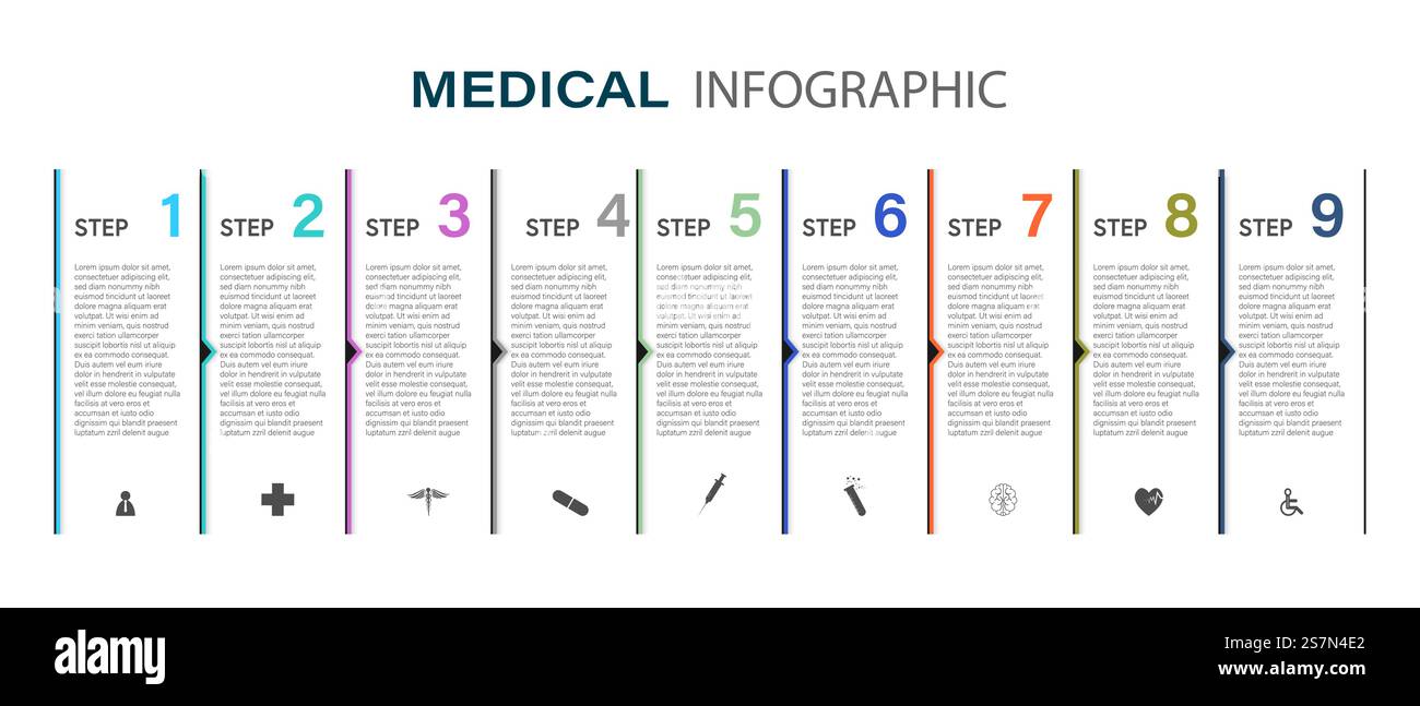 Anzeige medizinischer Informationen Prozessdiagramm abstraktes Element des Diagrammdiagramms mit Schritt, Option, Abschnitt oder Prozess Vektor-Geschäftsvorlage für Präsentation Kreatives Konzept für Infografik Stock Vektor