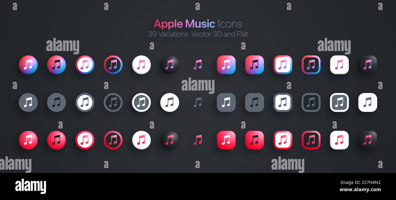 Apple Music Icons stellt moderne 3D und Flat in verschiedenen Variationen ein Stock Vektor