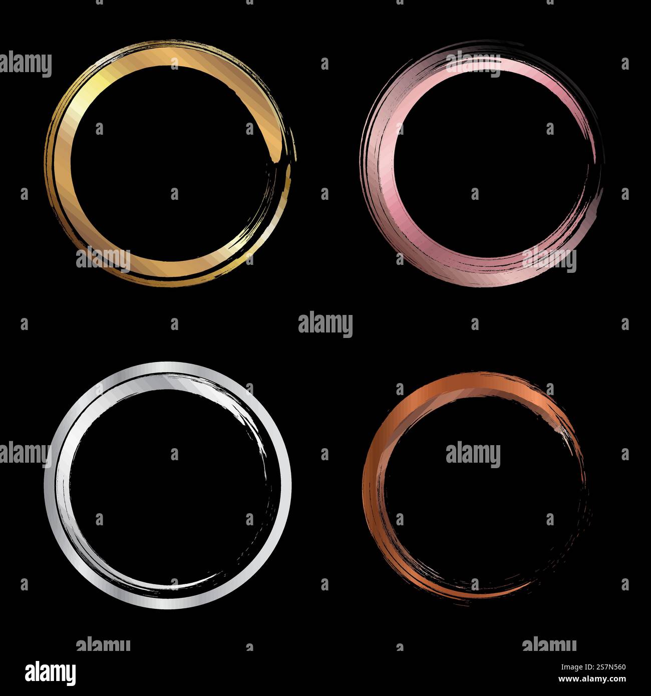Set von goldenen, rosa Gold, Silber, Kupfer metallischen Kreis Pinselstriche für Rahmen Design-Elemente auf schwarzem Hintergrund isoliert. Vektorgrafik Stock Vektor