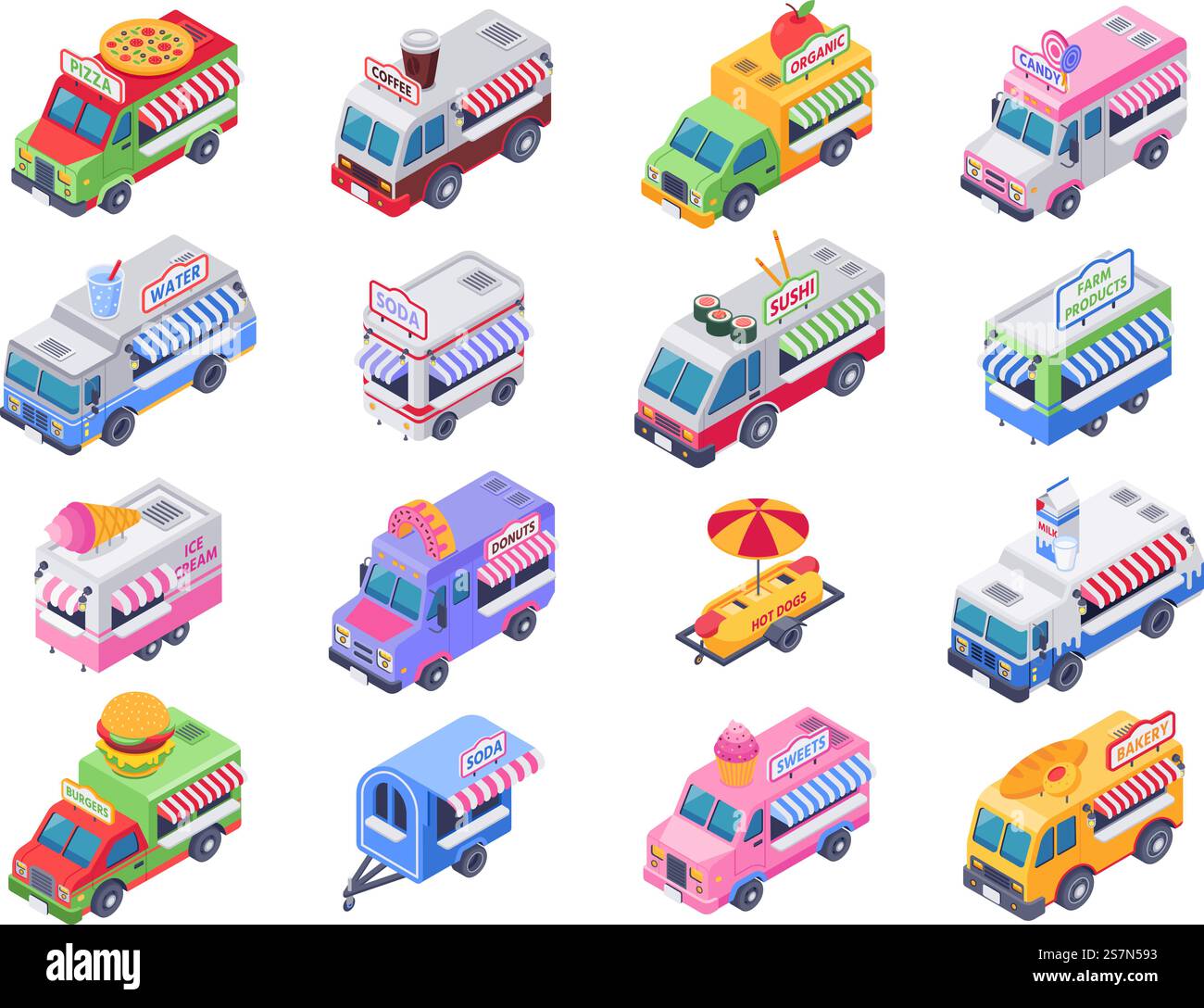 Isometrie Food Trucks. Straßenwagen, Hot-Dog-Truck und Kaffeemarkt im Freien. Food Trucking Industrie oder Straßentransportwagen Messe. 3D-Vektorillustration isolierter Zeichensatz. Isometrie Food Trucks. Straßenkarren, Hot Dog LKW und im Freien verkaufender Kaffee Markt 3D Vektor Illustration Set Stock Vektor