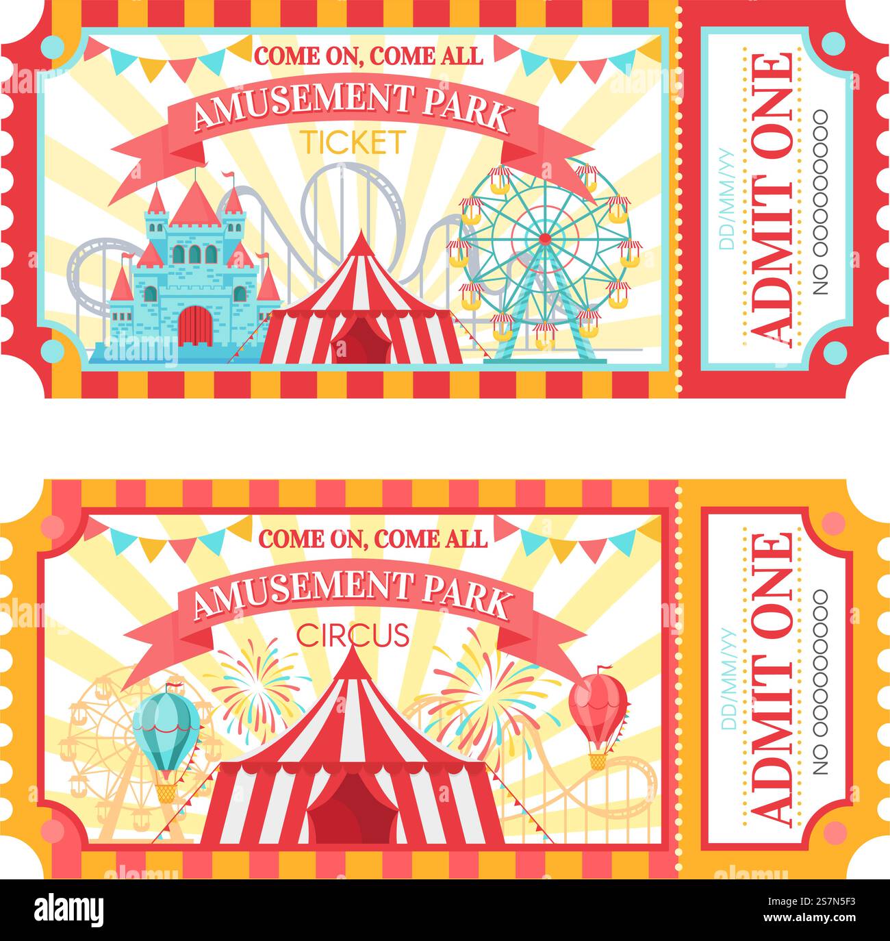 Eintrittskarte für den Vergnügungspark. Lassen Sie eine Eintrittskarte für den Zirkus, ein Festival für Familienparks und ein amüsantes Messegelände zu. Amüsante Messe oder Zirkus Karneval Show Ticket Vektor Illustration Set. Eintrittskarte für den Vergnügungspark. Lassen Sie eine Eintrittskarte für den Zirkus, das Festival der Attraktionen im Familienpark und die amüsante Vektor-Illustration des Festplatzes zu Stock Vektor