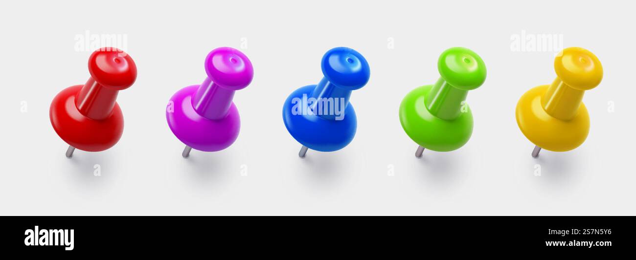 PIN-Set isoliert auf weißem Hintergrund drücken. Farbenfrohe Thumbtacks-Kollektion. Vektor-3D-Illustration. Stiftkontakte aus glänzendem Kunststoff. PIN-Set isoliert auf weißem Hintergrund drücken. Stock Vektor