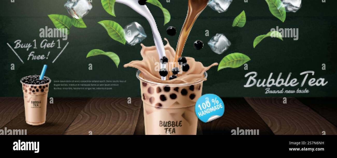 Bubble-Tee-Werbebanner mit Milch und grünen Blättern, 3D-Illustration. Werbebanner für Bubble-Tee Stock Vektor