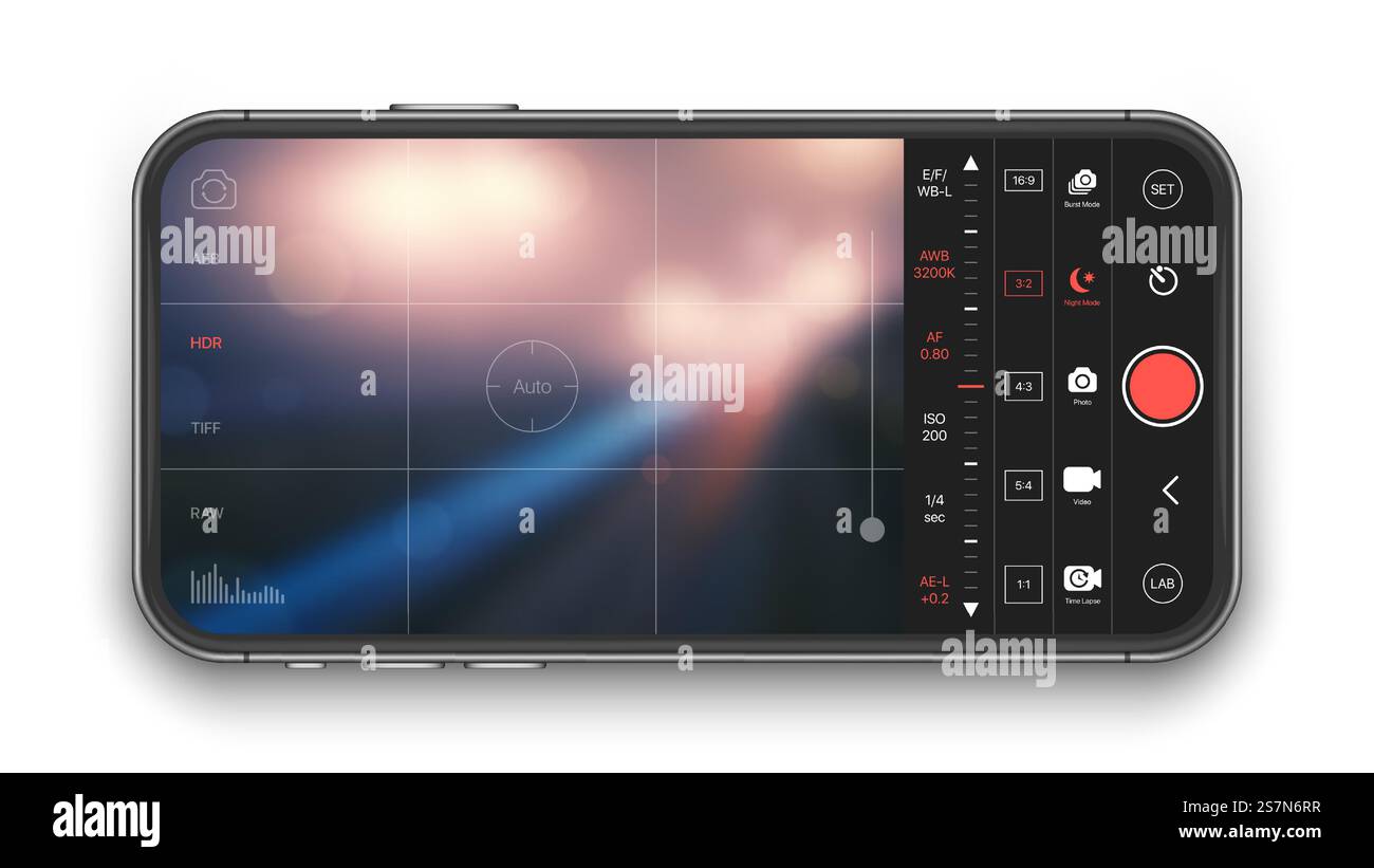 Professionelle Foto- und Videokamera Premium Mobile App mit UI-Konzept für erweiterte Einstellungen auf dem Smartphone-Bildschirm. Vektor-UI-Konzept für mobile professionelle Kamera Stock Vektor