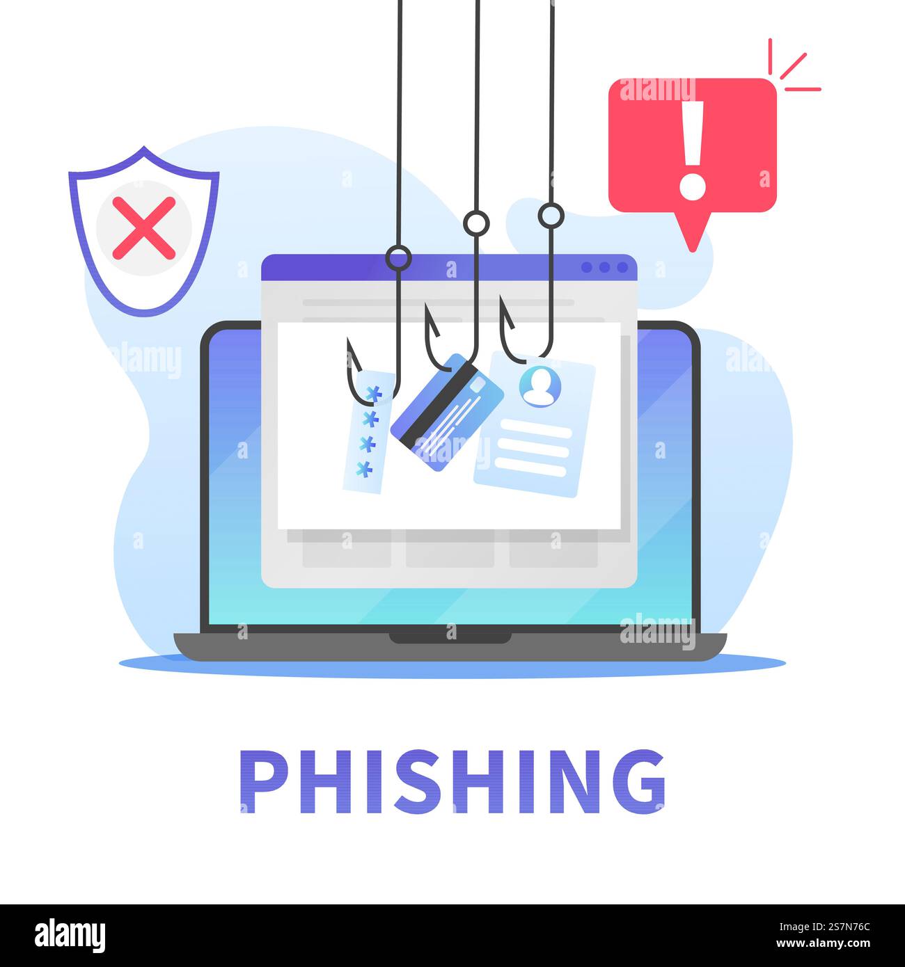 Internet-Phishing, Diebstahl von Kreditkartendaten, Kontokennwort und Benutzer-ID Konzept des Hackens persönlicher Daten über Internet-Browser oder E-Mail. Sicherheitsbewusstsein im Internet. Internet-Phishing, Diebstahl von Kreditkartendaten, Kontokennwort und Benutzer-ID Konzept des Hackens persönlicher Daten über Internet-Browser oder E-Mail. Sicherheitsbewusstsein im Internet Stock Vektor