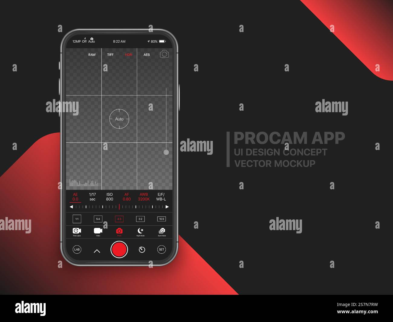 Premium Professional Foto- und Videokamera Mobile App mit erweiterten Einstellungen UI-Konzept Modell auf realistischem rahmenlosem Smartphone-Bildschirm isoliert auf schwarzem Hintergrund. Mobile Fotografie. Vektor-UI-Konzept für mobile professionelle Kamera Stock Vektor
