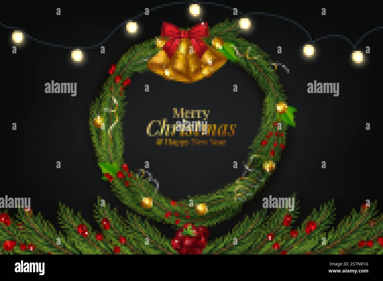 Hintergrund mit Rand aus realistisch aussehenden Weihnachtsbaumzweigen, dekoriert mit Beeren Stock Vektor