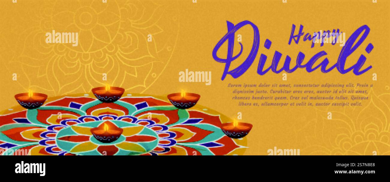 Fröhliches Diwali-Design mit wunderschönen Rangoli- und Diya-Öl-Lampen. Happy Diwali Design Stock Vektor