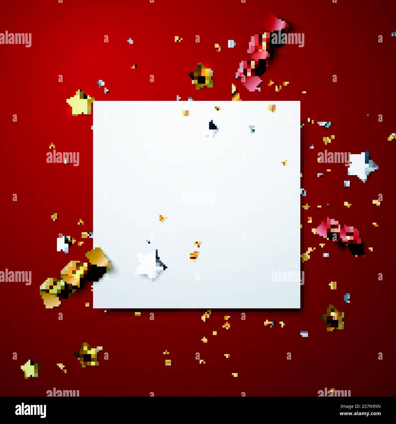 Realistisches Papierbanner mit verstreuten Konfetti-Glitzerbändern und gestreiften Bändern Stock Vektor