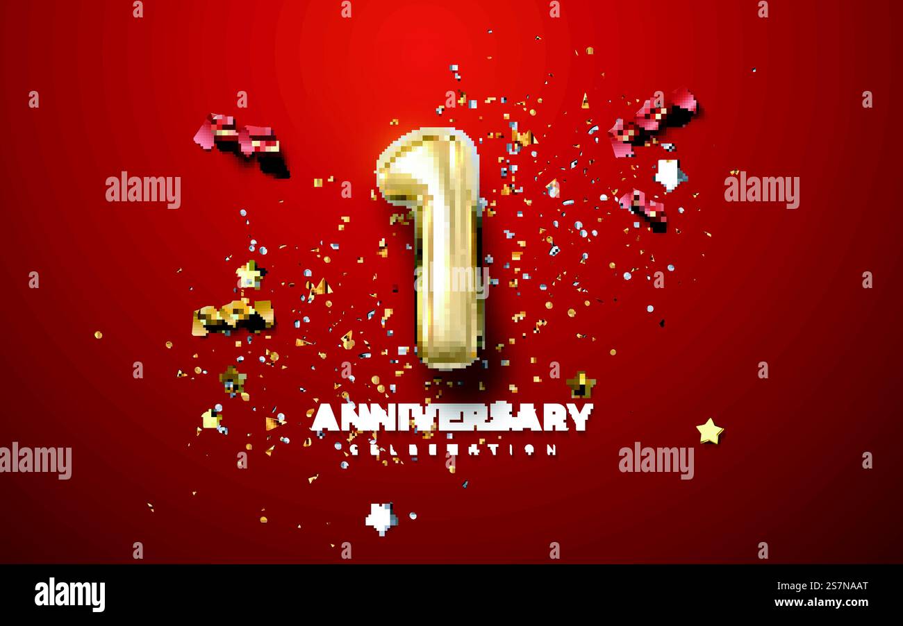 Schild zur Feier des ersten Jubiläums mit goldener Nummer 1 und Konfetti. Feier zum 1. Jahrestag. Stock Vektor