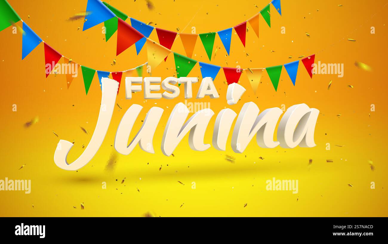Festa Junina Feiertagsschild mit Fahnen und goldenen Konfetti Stock Vektor