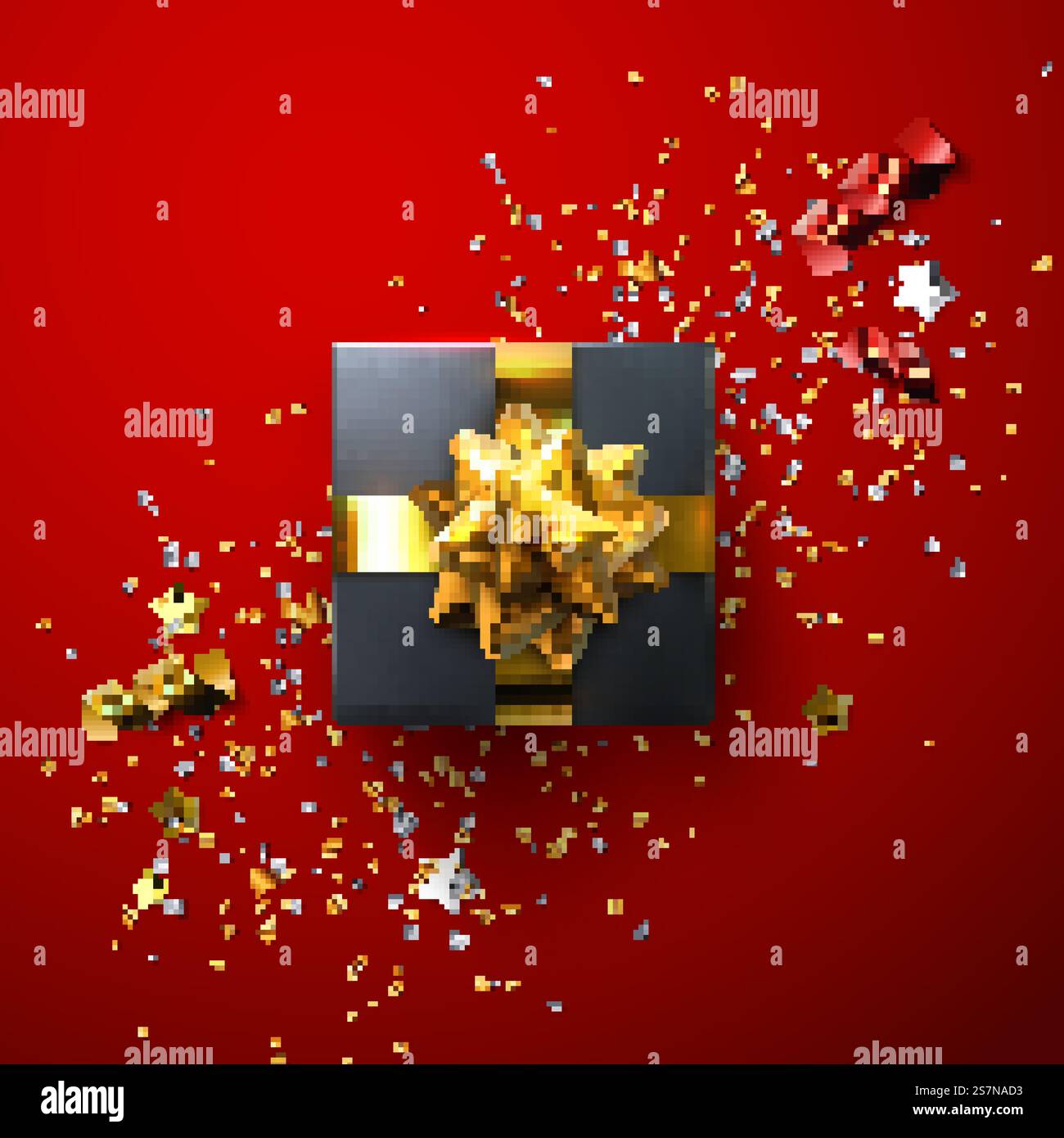 Schwarze Geschenkbox mit glänzender goldener Schleife und Bändern mit glitzerndem Konfetti Stock Vektor