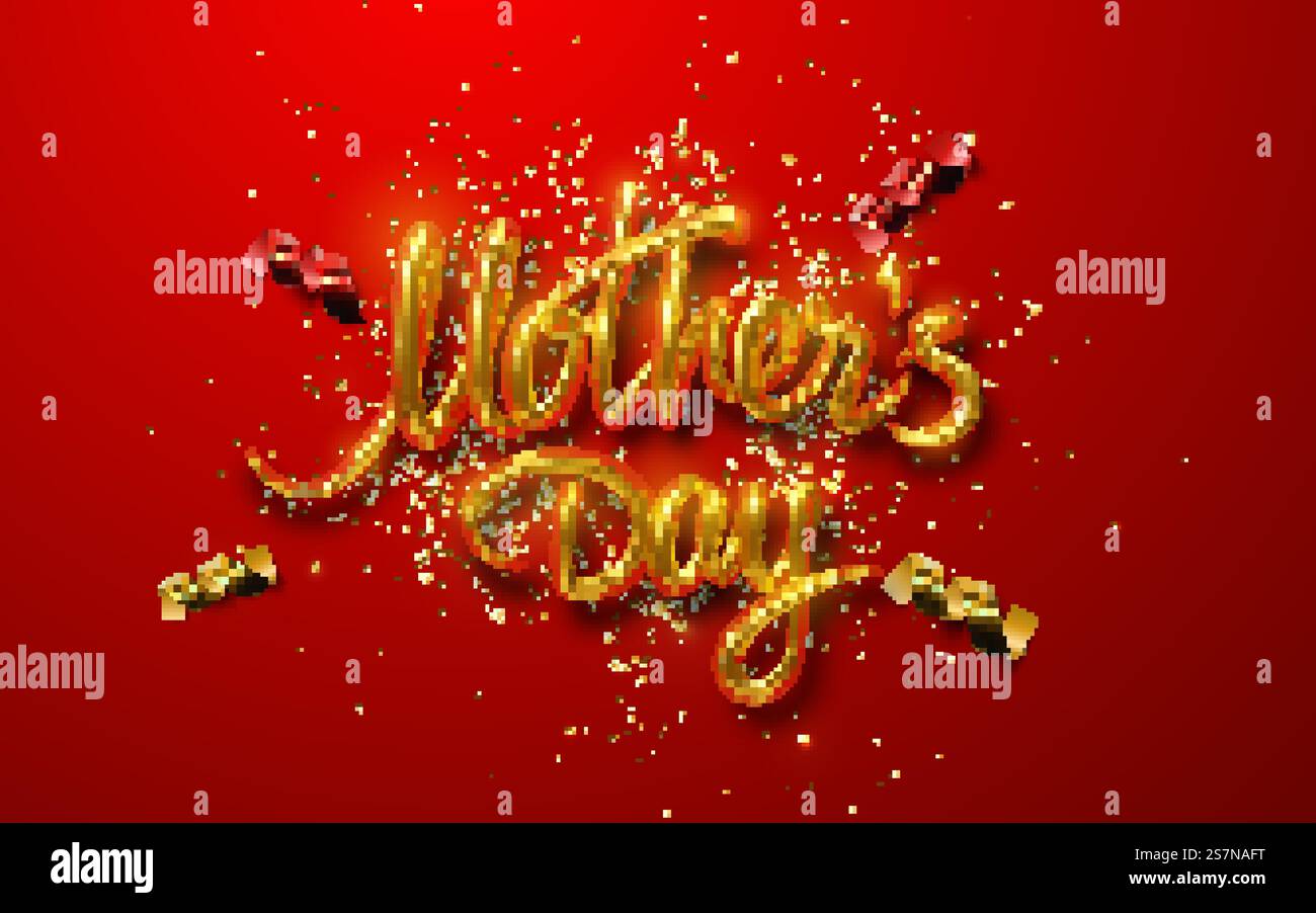 Muttertag. Vektor-Feiertagsillustration. 3D goldenes Schriftzeichen mit Konfetti-Partikeln isoliert auf rotem Hintergrund. Muttertag. Goldenes Schild mit 3D-Schriftzug Stock Vektor