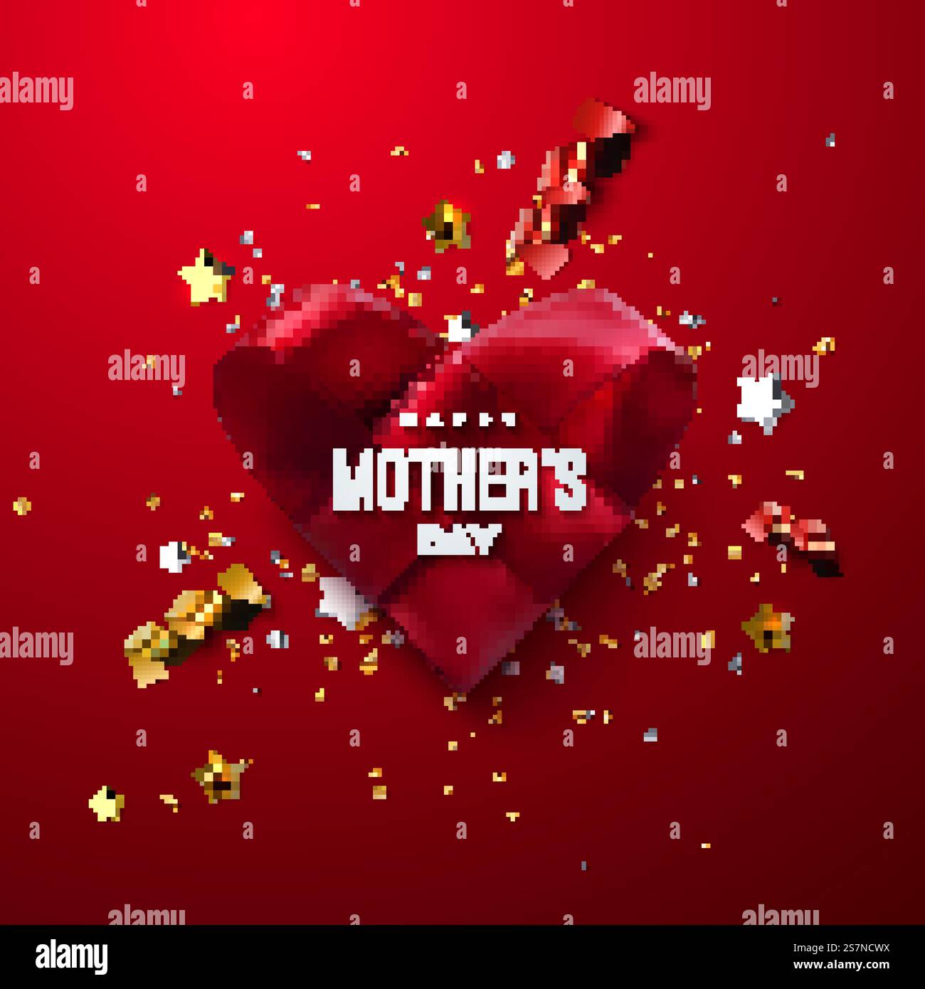 „Happy Mothers Day“-Schild mit rotem gewebtem Stoffherz und Konfetti. Alles Gute Zum Muttertag Stock Vektor