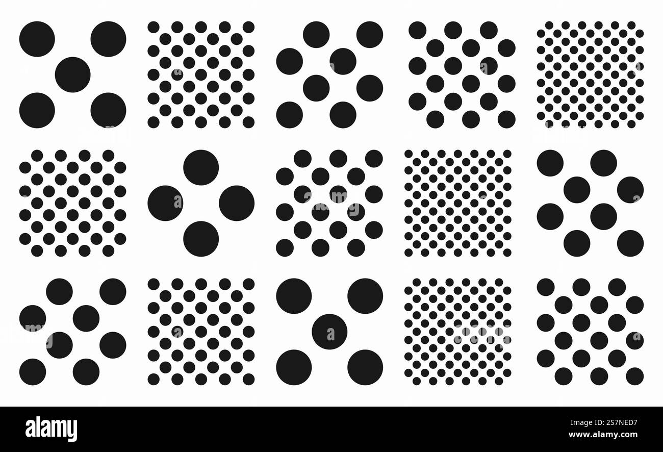 Runde Kreisformen im Memphis-Stil, ideal für moderne Hintergründe und Tapeten. Set aus schwarzen, nahtlosen Punktmustern. Geometrische Vektorkonstruktion mit Stock Vektor