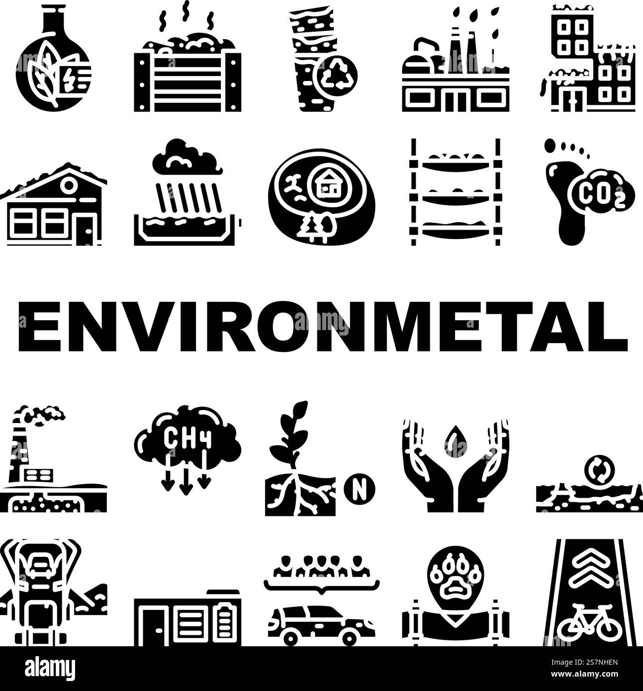 Symbole der Technikumgebung legen den Vektor fest. Umweltarbeiter, Industriemanns, Menschenkonzept, Ingenieurökologie Ingenieur Umwelttechnologie Glyph-Piktogramme. Symbole der Technikumgebung legen den Vektor fest Stock Vektor