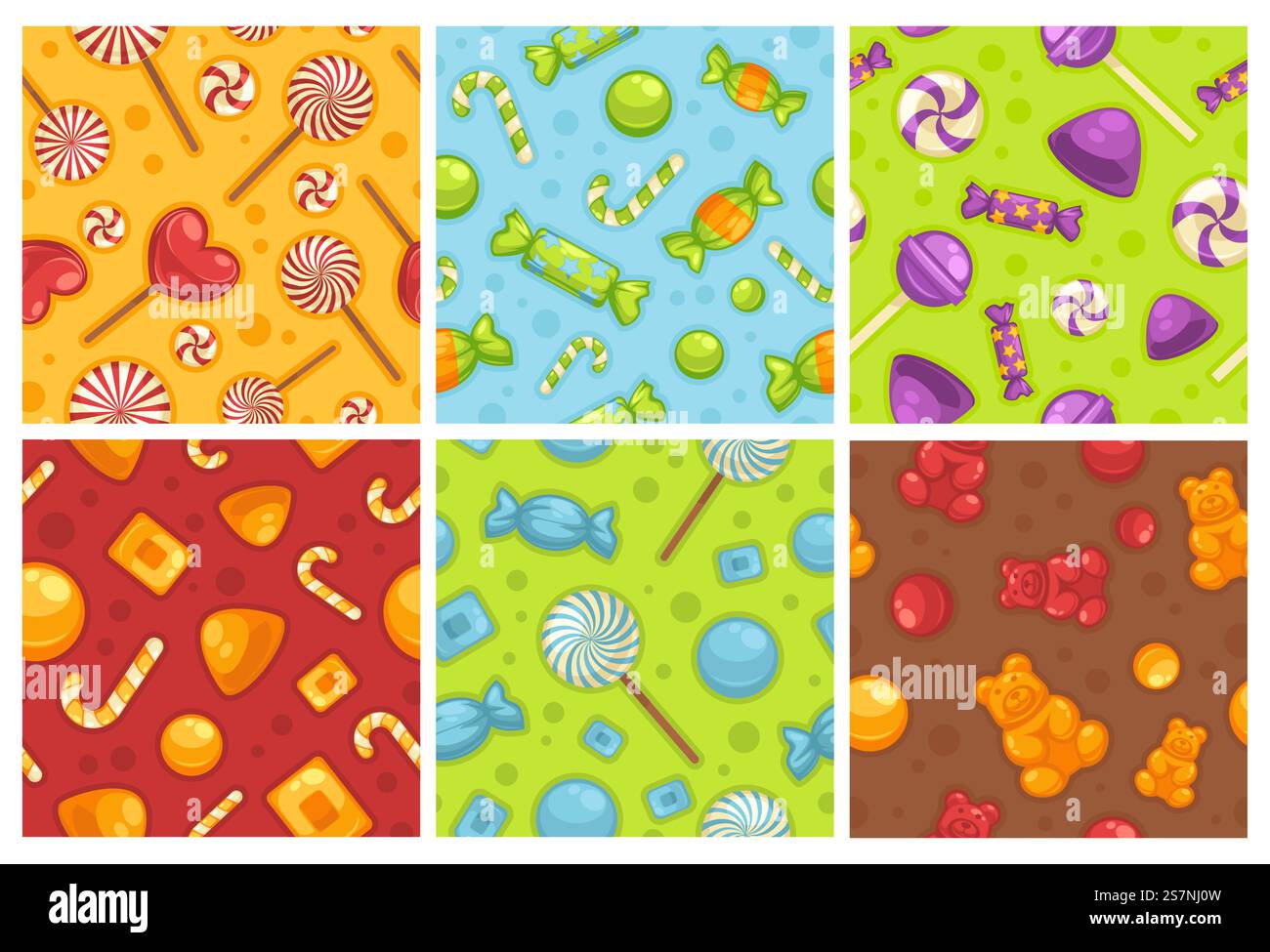 Set mit dekorativem Muster und bunten Süßigkeiten. Hintergrund Dekoration Sammlung mit köstlichem süßen Essen, Vektor Illustration. Lutscher, Schokoladen- und Gummibären auf nahtlosem Banner. Dekoratives Muster-Set mit bunten Süßigkeiten Stock Vektor