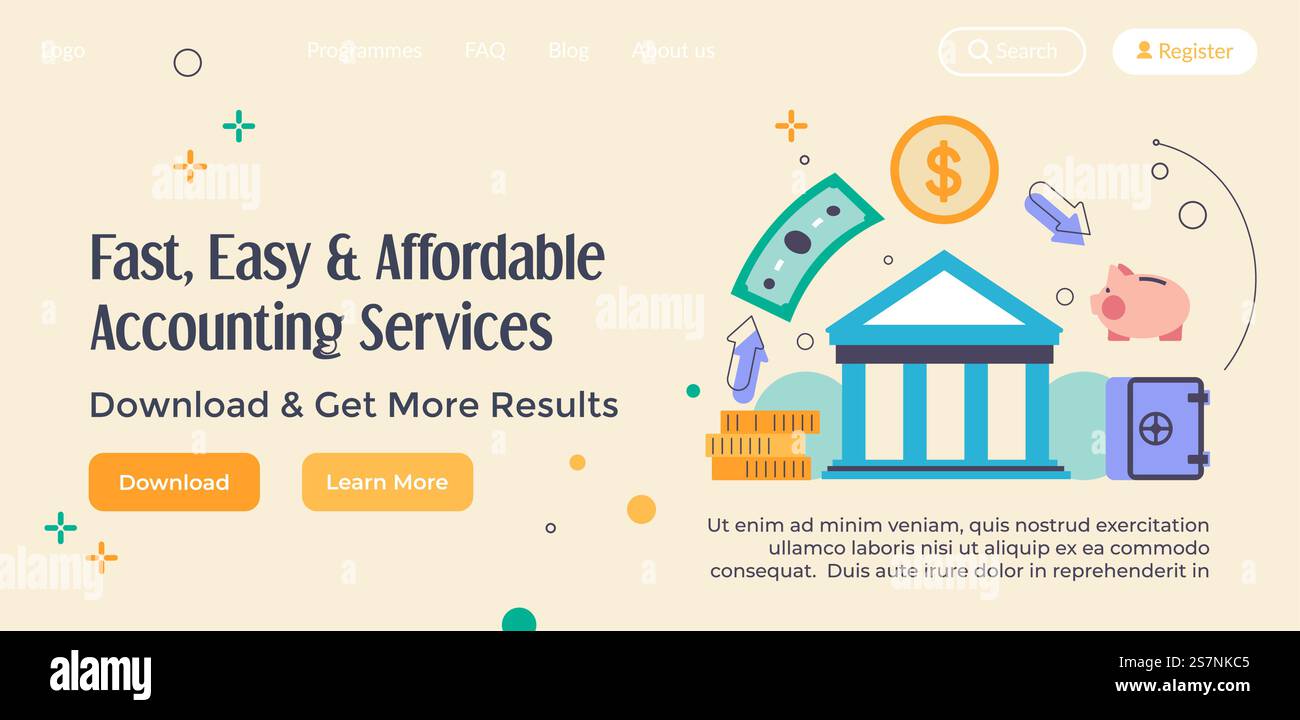 Kostengünstige Buchhaltung, schnelle, einfache und erschwingliche Unterstützung für Sie. Ergebnisse abrufen und Analyse mit detaillierten Informationen herunterladen. Vorlage für Website-Landing-Page, Internet-Site. Vektor in abgewickelter Form. Schnelle, einfache und erschwingliche Buchhaltungsdienste im Internet Stock Vektor